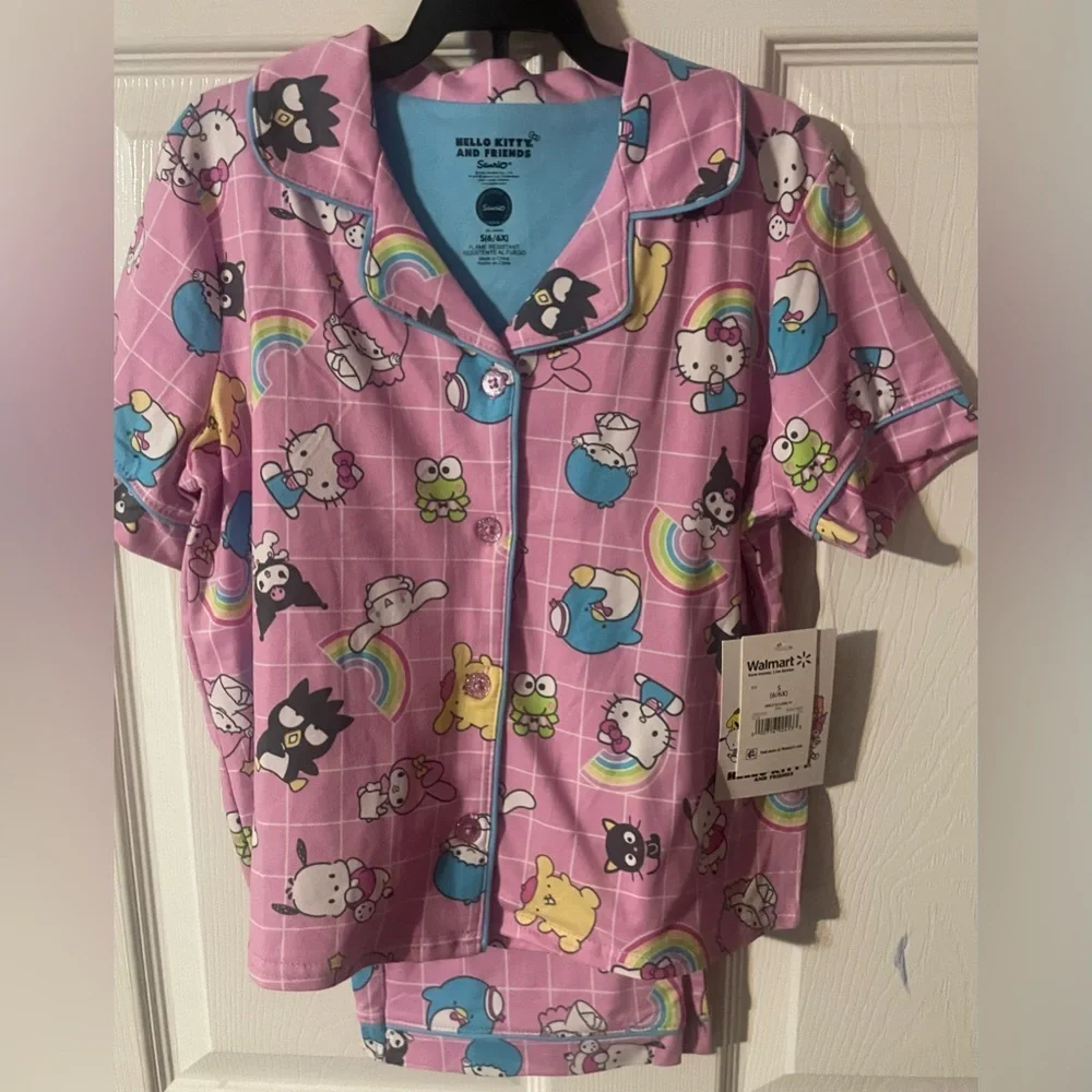 NWT Hello Kitty & Friends Girls 2-Piece PJ Set Pink Rainbow Sleepwear‎ Sz S 6/6X